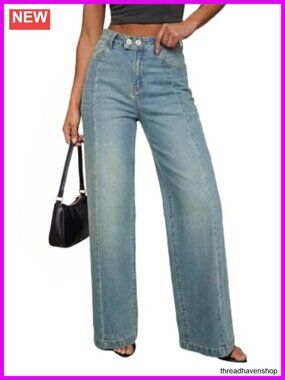 High Waisted Wide Leg Jeans for Women Stretchy Baggy Denim Pants Front Seam